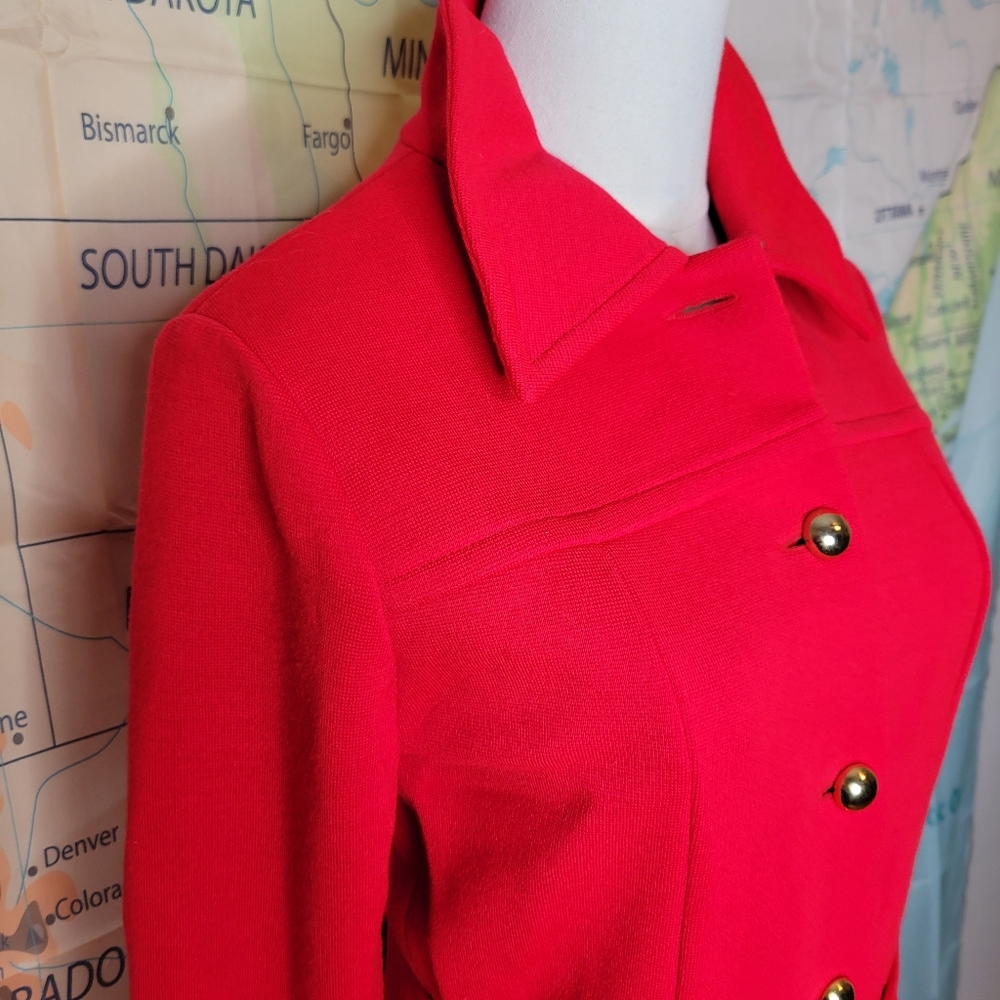 Vintage 1960s Sebastian Red Belted Jacket and Pant Suit With Gold Buttons Set - Picture 3 of 16